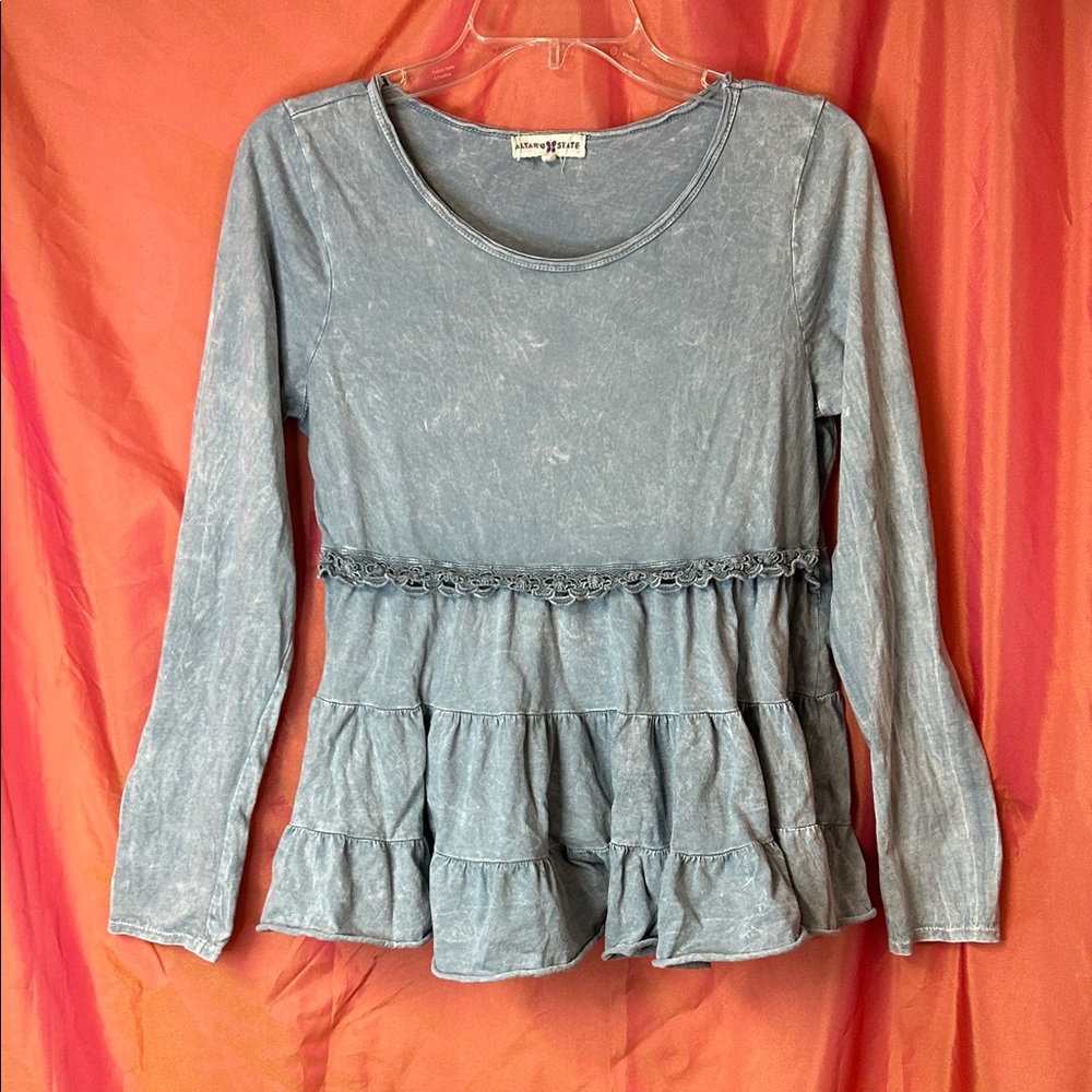 Altar'd State Washed Light Blue Ruffle Tiered Long-Sleeve Top Size Medium